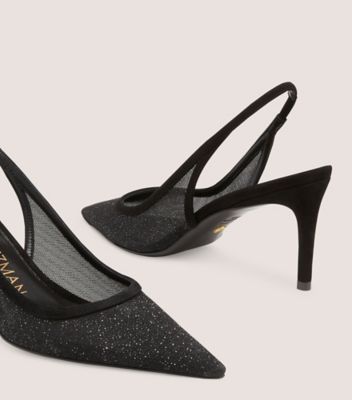 Stuart Weitzman,Stuart 75 Slingback Pump,Pump,Sparkle mesh & suede,Black,Detailed View