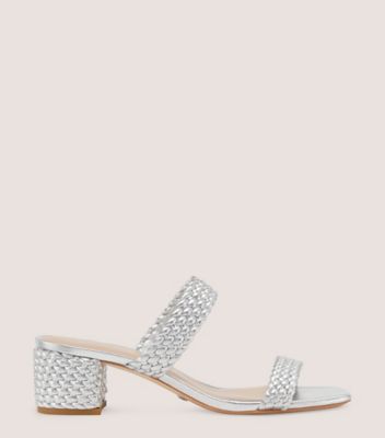 Stuart Weitzman,Aleena Waikiki 50 Block Slide,Slide,Liquid Metallic Leather,Silver,Front View