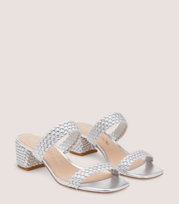 Stuart Weitzman,ALEENA WAIKIKI 50 BLOCK SLIDE,Leather,Slides,Day Party,Silver,Angle View