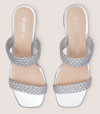 Stuart Weitzman,ALEENA WAIKIKI 50 BLOCK SLIDE,Leather,Slides,Day Party,Silver,Detailed View