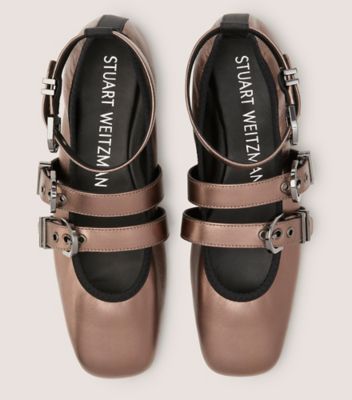 Stuart Weitzman,Maverick Ballet Flat,Flat,Liquid metallic leather & ribbon,Pyrite & Black,Top View