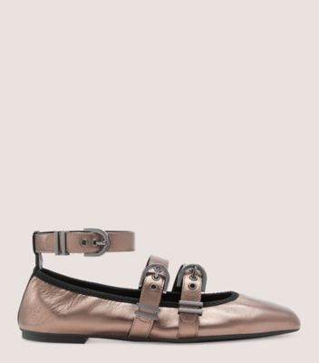 Stuart Weitzman,Maverick Ballet Flat,Flat,Liquid metallic leather & ribbon,Pyrite & Black,Front View