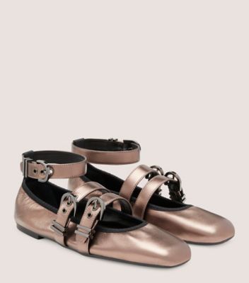 Stuart Weitzman,Maverick Ballet Flat,Flat,Liquid metallic leather & ribbon,Pyrite & Black,Angle View