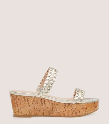 Stuart Weitzman,ALEENA WOVEN SUMMER SLIDE WEDGE,Cork,Leather,Slides,Braided,Day Party,Gold,Metallic,Front View