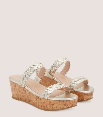 Stuart Weitzman,ALEENA WOVEN SUMMER SLIDE WEDGE,Cork,Leather,Slides,Braided,Day Party,Gold,Metallic,Angle View
