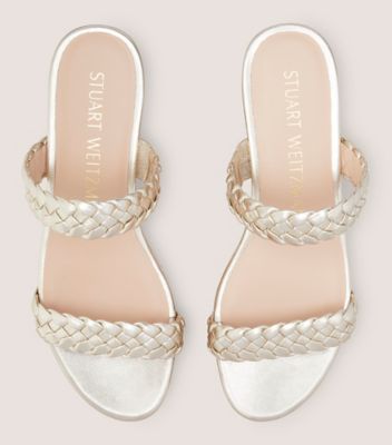 Stuart Weitzman,ALEENA WOVEN SUMMER SLIDE WEDGE,Cork,Leather,Slides,Braided,Day Party,Gold,Metallic,Detailed View