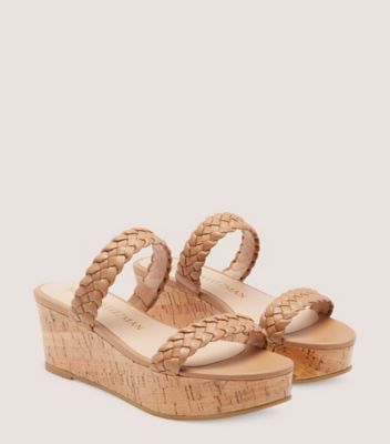 Stuart Weitzman,Mule estivale à talon compensé tissé Aleena,Slide,Cuir nappa et liège,Bois de santal,Angle View