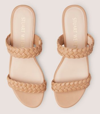 Stuart Weitzman,Mule estivale à talon compensé tissé Aleena,Slide,Cuir nappa et liège,Bois de santal,Detailed View