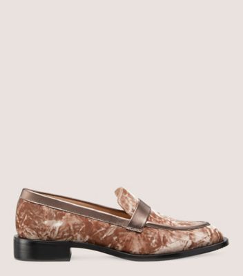 Stuart Weitzman,PALMER SLEEK LOAFER,Loafer,Crushed Velvet & Liquid Metallic Leather,Capuccino & Pyrite,Front View