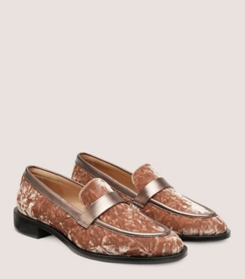 Stuart Weitzman,PALMER SLEEK LOAFER,Loafer,Crushed Velvet & Liquid Metallic Leather,Capuccino & Pyrite,Angle View