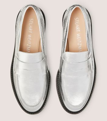 Stuart Weitzman,PARKER LIFT LOAFER,Rubber,Flats,Loafer,Notched Embellishment,Penny Loafer,Day Party,Silver,Metallic,Top View