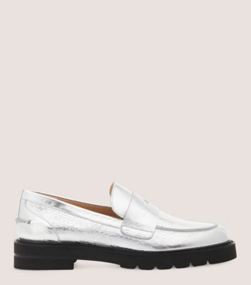 Stuart Weitzman,PARKER LIFT LOAFER,Rubber,Flats,Loafer,Notched Embellishment,Penny Loafer,Day Party,Silver,Metallic,Front View