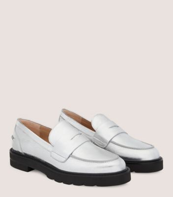 Stuart Weitzman,PARKER LIFT LOAFER,Rubber,Flats,Loafer,Notched Embellishment,Penny Loafer,Day Party,Silver,Metallic,Angle View