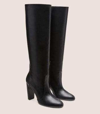 Block Heel Knee High Boots - Black Leather