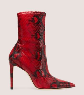 Stuart Weitzman,STUART 100 STRETCH BOOTIE,Bootie,Stretch Printed Python Embossed Leather,Lipstick Red