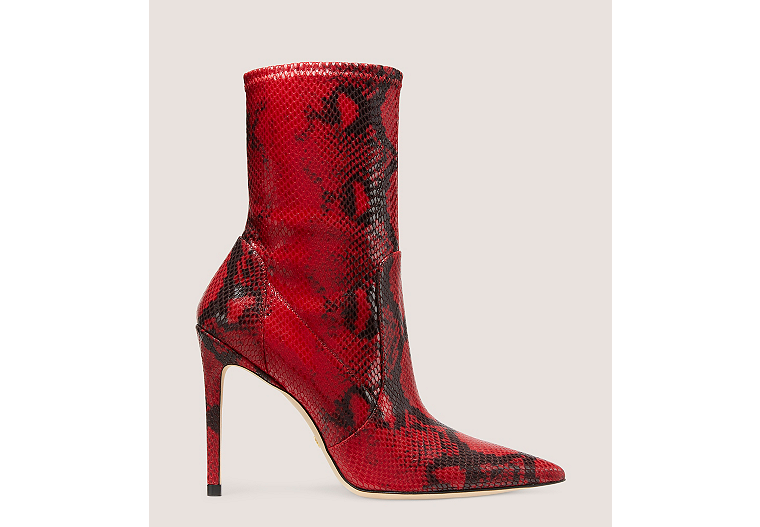 Stuart Weitzman,STUART 100 STRETCH BOOTIE,Bootie,Stretch Printed Python Embossed Leather,Lipstick Red,Front View