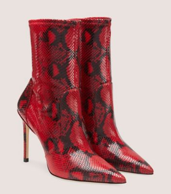 Stuart Weitzman,STUART 100 STRETCH BOOTIE,Bootie,Stretch Printed Python Embossed Leather,Lipstick Red,Angle View