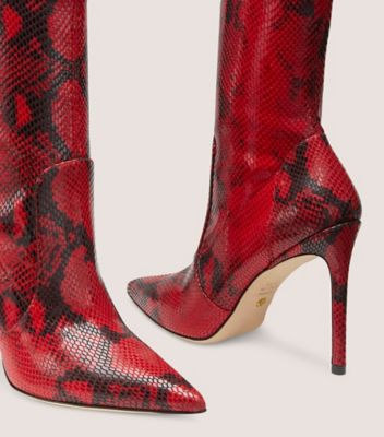 Stuart Weitzman,STUART 100 STRETCH BOOTIE,Bootie,Stretch Printed Python Embossed Leather,Lipstick Red,Detailed View
