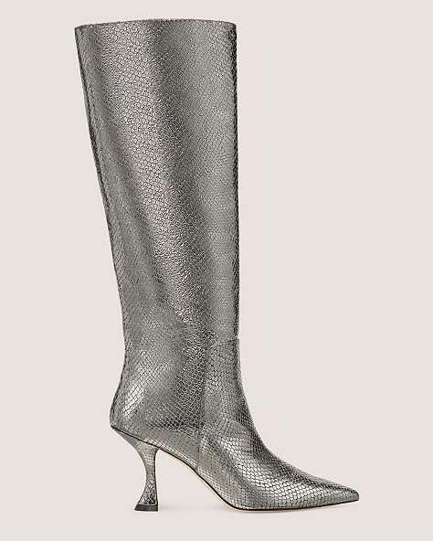 Stuart Weitzman,XCURVE 85 SLOUCH BOOT,Boot,Distressed Printed Metallic Snake Leather,Pyrite,Front View