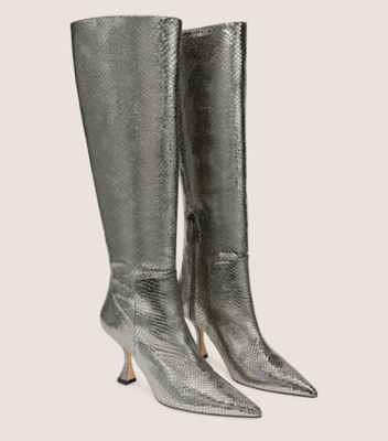 Stuart Weitzman,XCURVE 85 SLOUCH BOOT,Boot,Distressed Printed Metallic Snake Leather,Pyrite,Angle View
