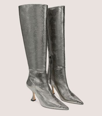 Stuart Weitzman,XCURVE 85 SLOUCH BOOT,Leather,Rubber,Boots,Party,Metallic,Silver,Angle View