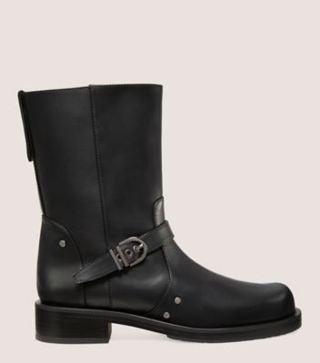 Stuart Weitzman,MAVERICK PULL-ON BOOTIE,Leather,Rubber,Moto,Studded,Pull Tab,Silver Metal,Casual,Black