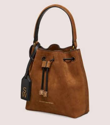 Stuart Weitzman,RAE MINI BUCKET BAG,Suede,Bucket,Metal,Logo,Compact,Casual,Brown,Side View