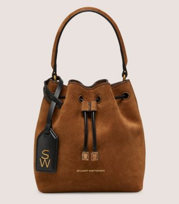 Stuart Weitzman,RAE MINI BUCKET BAG,Suede,Bucket,Metal,Logo,Compact,Casual,Brown,Front View