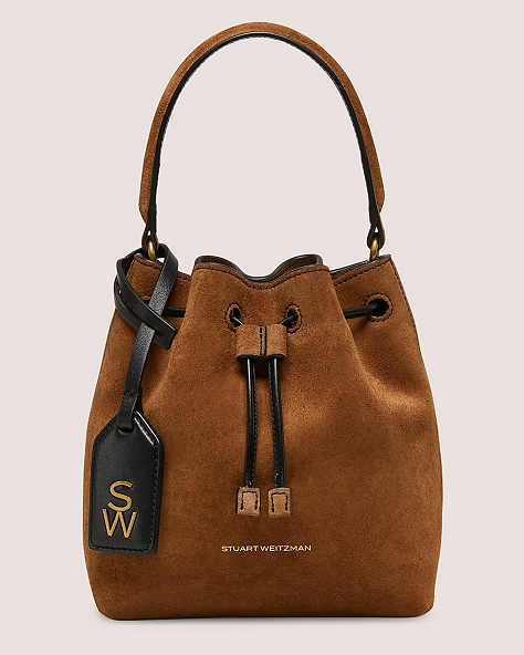 Stuart Weitzman,RAE MINI BUCKET BAG,Bucket bag,Textured Suede,Coffee Brown,Front View