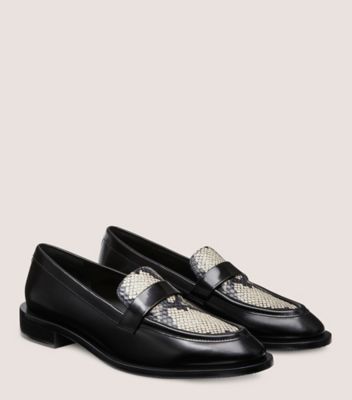 Stuart Weitzman,PALMER SLEEK LOAFER,Leather,Rubber,Flats,Loafer,Animal Skin Embossing,Penny Loafer,Pattern,Work,Black