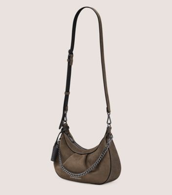 Stuart Weitzman,STELLAR CRESCENT BAG,Suede,Hobo,Logo,Metal,Pleats,Day Party,Brown,Side View