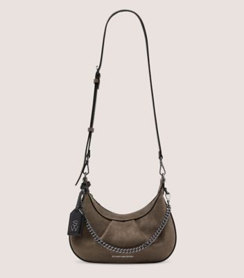 Stuart Weitzman,STELLAR CRESCENT BAG,Suede,Hobo,Logo,Metal,Pleats,Day Party,Brown,Front View