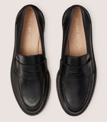 Stuart Weitzman,PARKER LIFT LOAFER,Rubber,Nappa Leather,Flats,Loafer,Notched Embellishment,Penny Loafer,Work,Black,Top View
