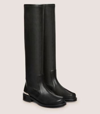 Stuart Weitzman,MERCER BOLD SW LOGO SLOUCH BOOT,Rubber,Nappa Leather,Boots,Logo,Metal,Embossed,Casual,Black,Angle View