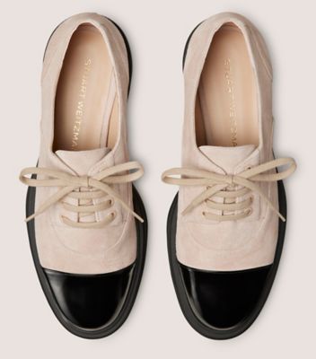 Stuart Weitzman,NOLITA LACE-UP OXFORD,Leather,Rubber,Derby Shoes,Color Block,Pull Tab,Casual,Beige