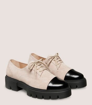 Stuart Weitzman,NOLITA LACE-UP OXFORD,Leather,Rubber,Derby Shoes,Color Block,Pull Tab,Casual,Beige