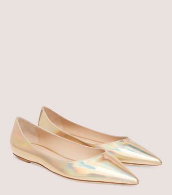 Stuart Weitzman,EMILIA FLAT,Leather,Flats,Work,Gold,Metallic,Angle View