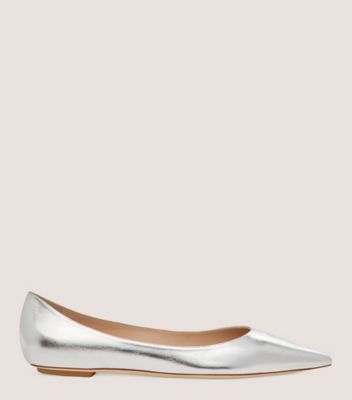 Stuart Weitzman,EMILIA FLAT,Flat,Crushed Metallic Leather,Silver,Front View