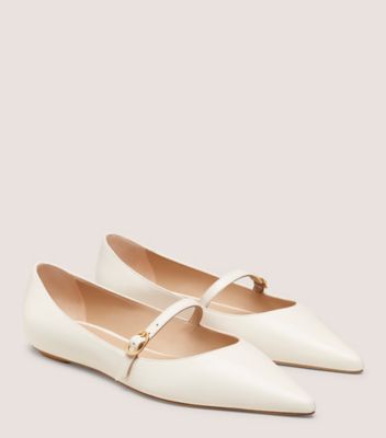 Stuart Weitzman,EMILIA MARY JANE FLAT,Nappa Leather,Flats,Belt,Work,Cream,Angle View