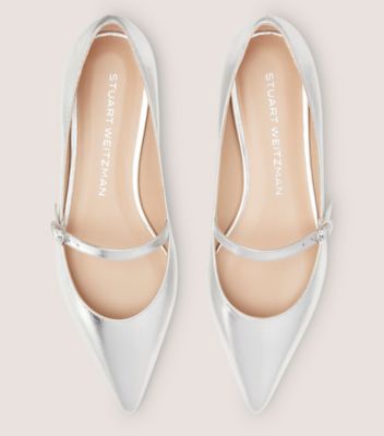 Stuart Weitzman,Flat,Cuir métallique à grain écrasé,Argent