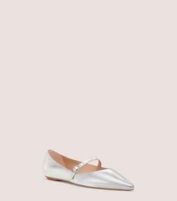 Stuart Weitzman,Flat,Cuir métallique à grain écrasé,Argent