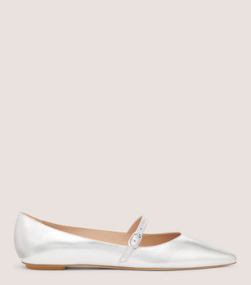 Stuart Weitzman,EMILIA MARY JANE FLAT,Leather,Flats,Belt,Day Party,Silver,Metallic,Front View