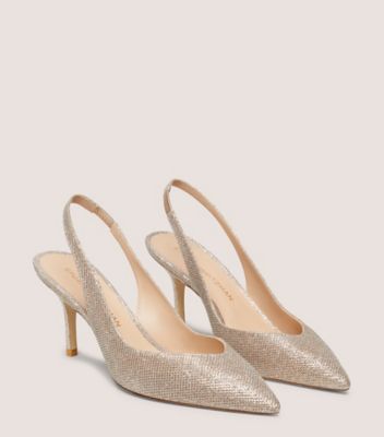 Stuart Weitzman,EVA 75 SLINGBACK,Leather,Pumps,Glitter,Cocktail,Metallic,Silver,Angle View