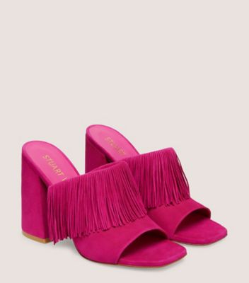 Stuart Weitzman,TIA FRINGE 100 SLIDE,Leather,Slides,Fringe,Day Party,Fuchsia