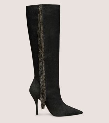 Stuart Weitzman,BOTTE AVEC FRANGE À CRISTAUX,Boot,Denim rétro et cristal,Noir et diamant noir,Front View