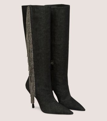 Stuart Weitzman,BOTTE AVEC FRANGE À CRISTAUX,Boot,Denim rétro et cristal,Noir et diamant noir,Angle View