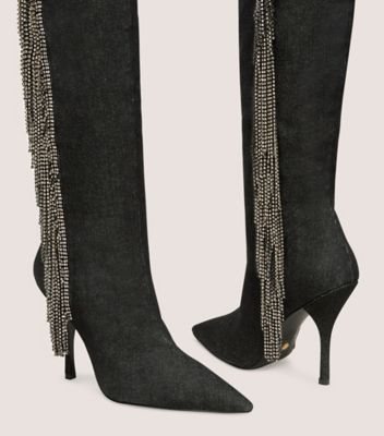 Stuart Weitzman,BOTTE AVEC FRANGE À CRISTAUX,Boot,Denim rétro et cristal,Noir et diamant noir,Detailed View