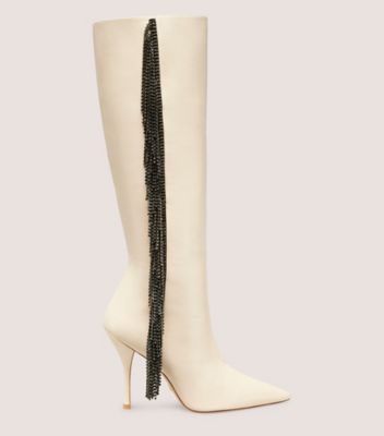 Stuart Weitzman,CRYSTAL FRINGE BOOT,Leather,Rubber,Boots,Crystal,Embellished,Fringe,Rhinestones,Party,Cream,Front View