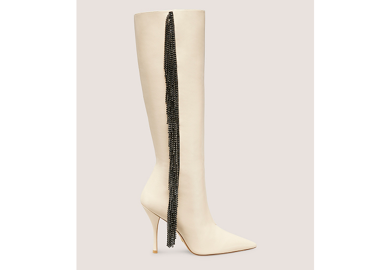 Stuart Weitzman,CRYSTAL FRINGE BOOT,Boot,Glass calf leather & crystal,Alabaster & Black Diamond,Front View