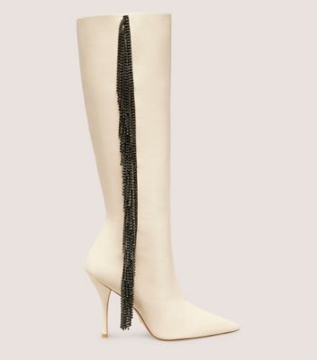 Stuart Weitzman,CRYSTAL FRINGE BOOT,Boot,Glass calf leather & crystal,Alabaster & Black Diamond,Front View